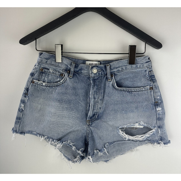 Agolde Parker Cut Off Distressed Jean Shorts Raw Hem Blue Denim Women's Size 27 - Picture 2 of 12